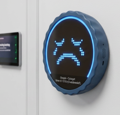 OCUPIE device with a sad pixel face — a booking is being held but no one showed up.