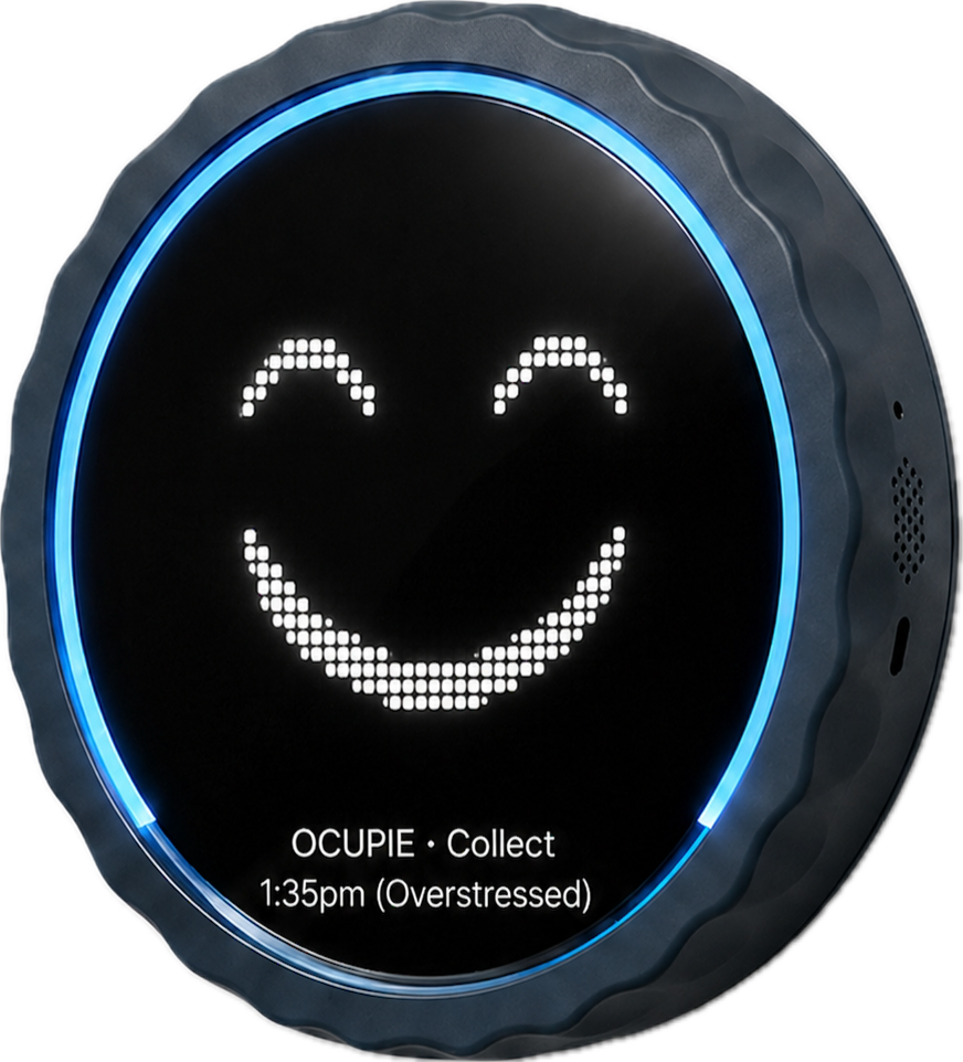 OCUPIE sensor — a circular device showing a friendly smile.