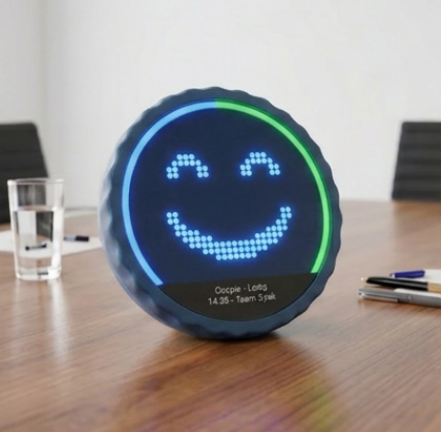 OCUPIE desktop edition sitting on a meeting room table — a happy blue smile shows the room is free.
